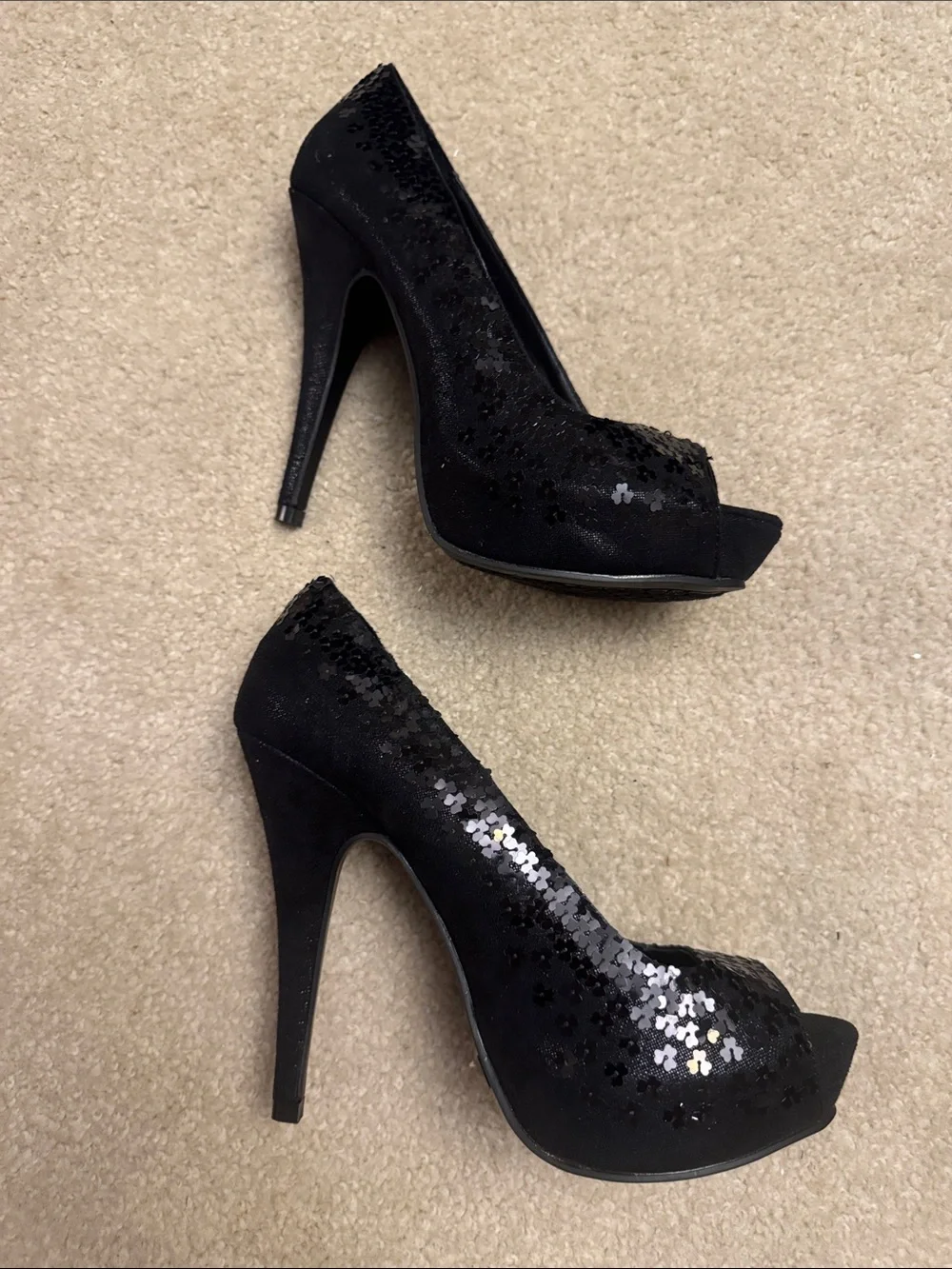 Chinese Laundry Black Sequin Peep-Toe Heels